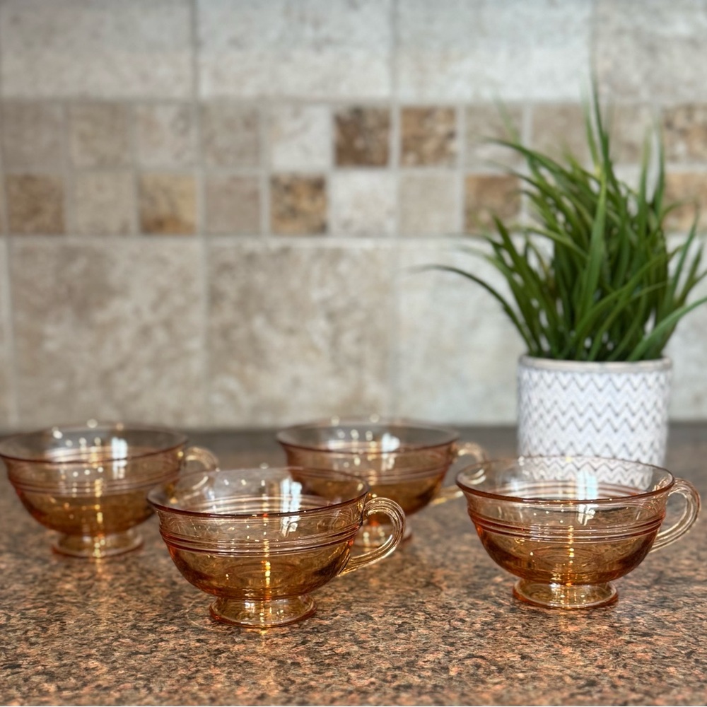 Vintage Set of 4 Fostoria Priscilla Pink/Amber Glass Teacups, Depression Glass